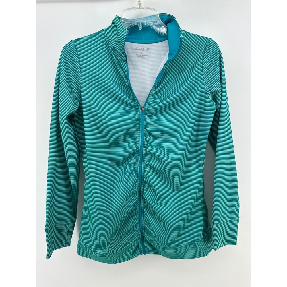 Emily B Womens Teal Green Striped Ruched Full Zip Activewear Jacket Size S